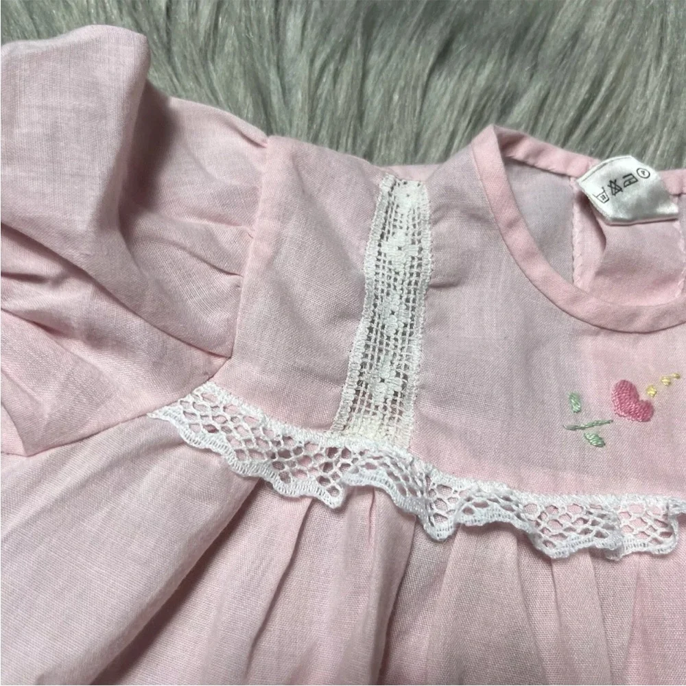Vintage I Magnin Baby Girls Pink White Lace Ruffle Dress